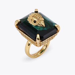 Kurt Geiger Gold Ring with Deep Emerald Square Stone and Eagle Motif